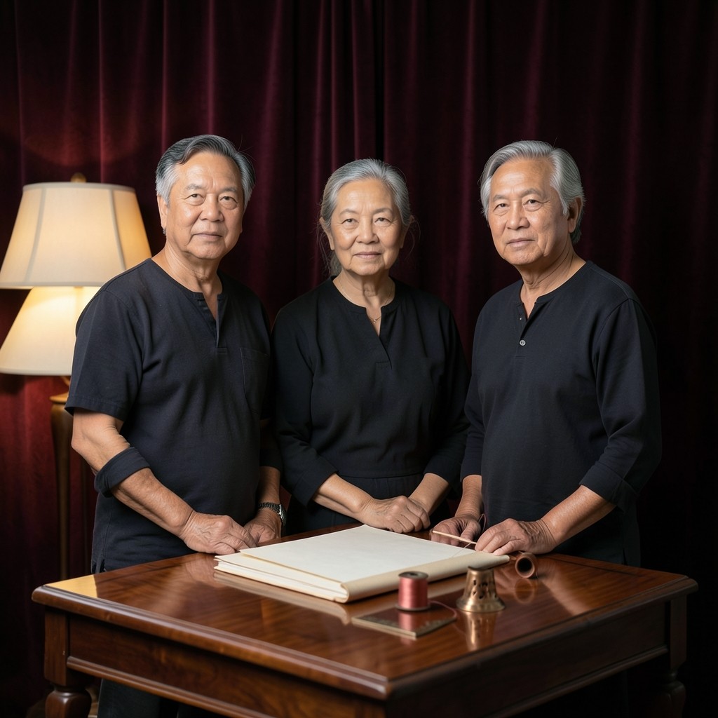 Three adults of the studio standing beside a binding table with copper corner pieces