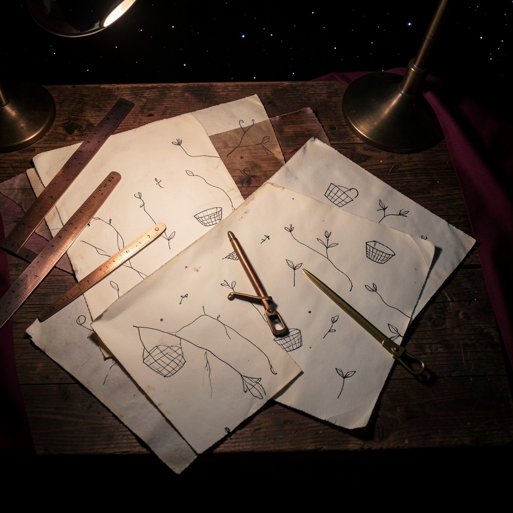 Overhead view of hand-drawn water, waste, and crop marks on aged paper