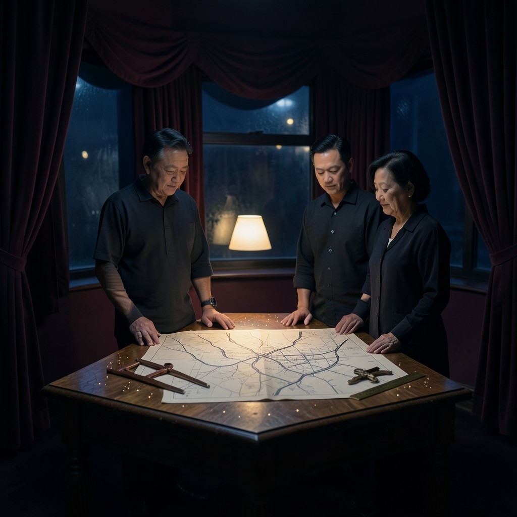 Evening in the Khlong Sam Wa studio, with a canal map spread on dark wood under a warm lamp