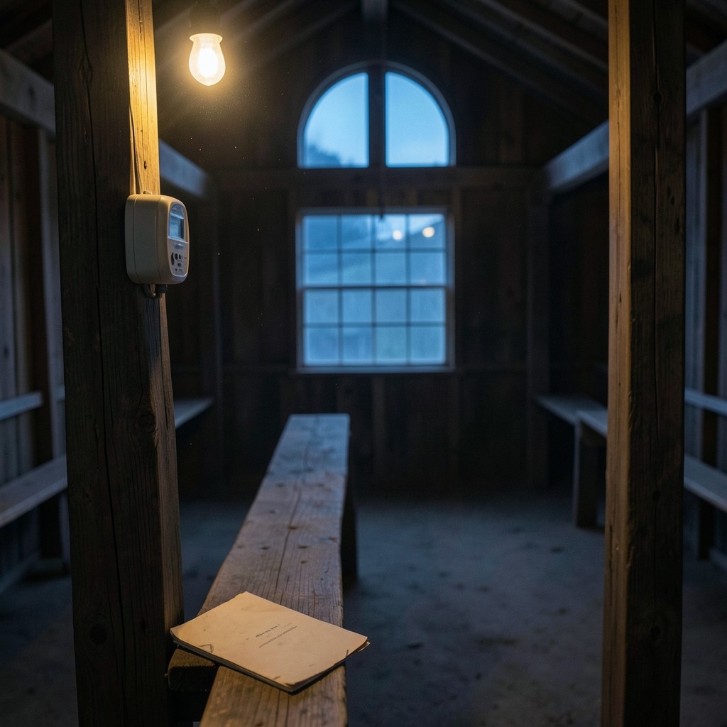 An empty mill hall at dusk with a paper meter log on a wooden rail