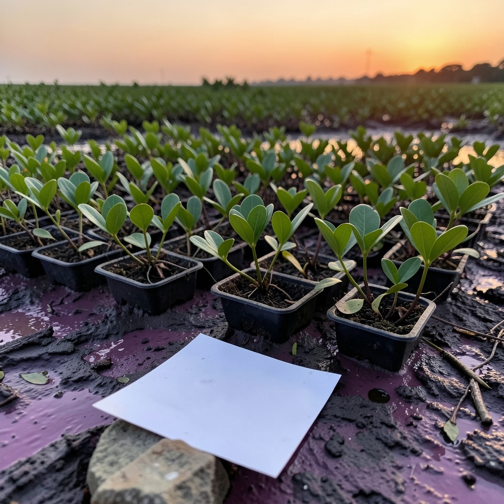 Seedling trays beside tidal mud with an unmarked paper sheet, in evening light