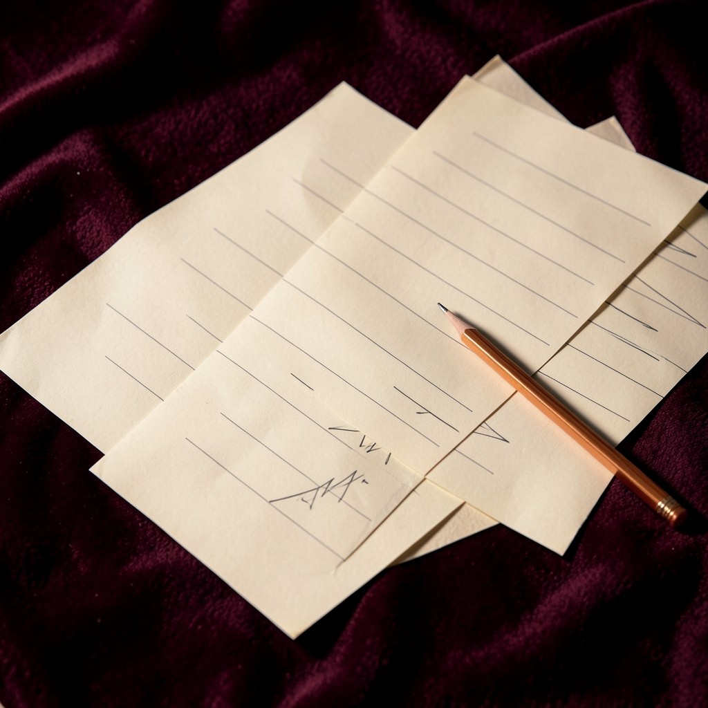 Paper wage sheets with abstract ruled lines arranged on dark cloth