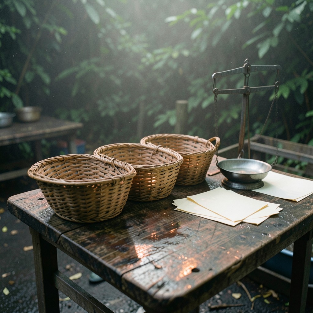 Weighing baskets and unmarked paper notes on a wooden table at a sorting yard