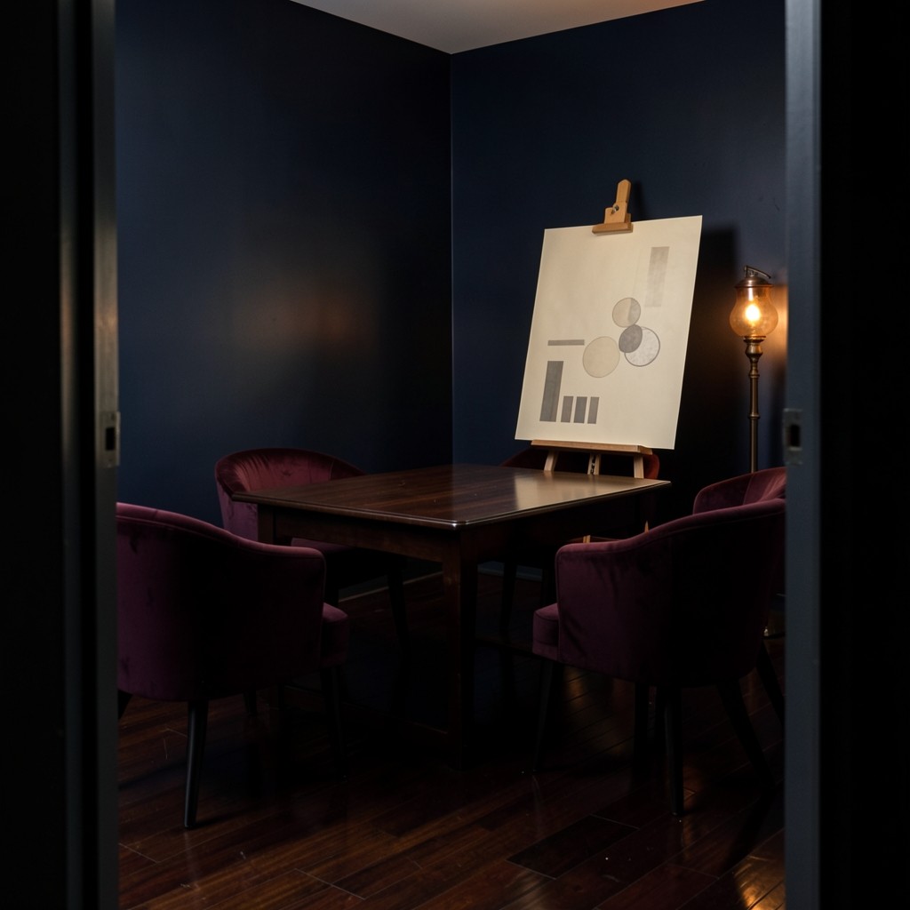 A large printed chart on an easel in a dark wood room with velvet chairs