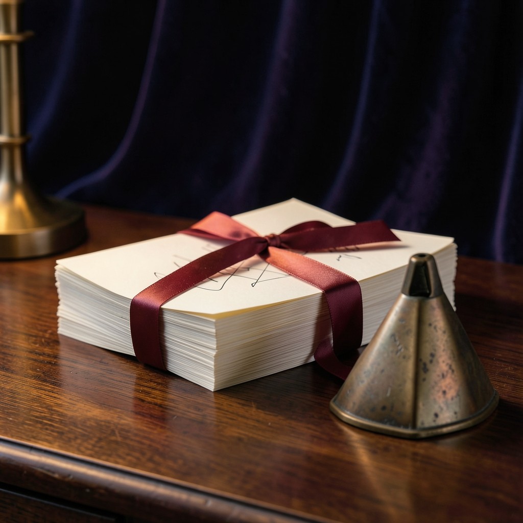 Stacked paper chapter folios with a burgundy ribbon on dark wood