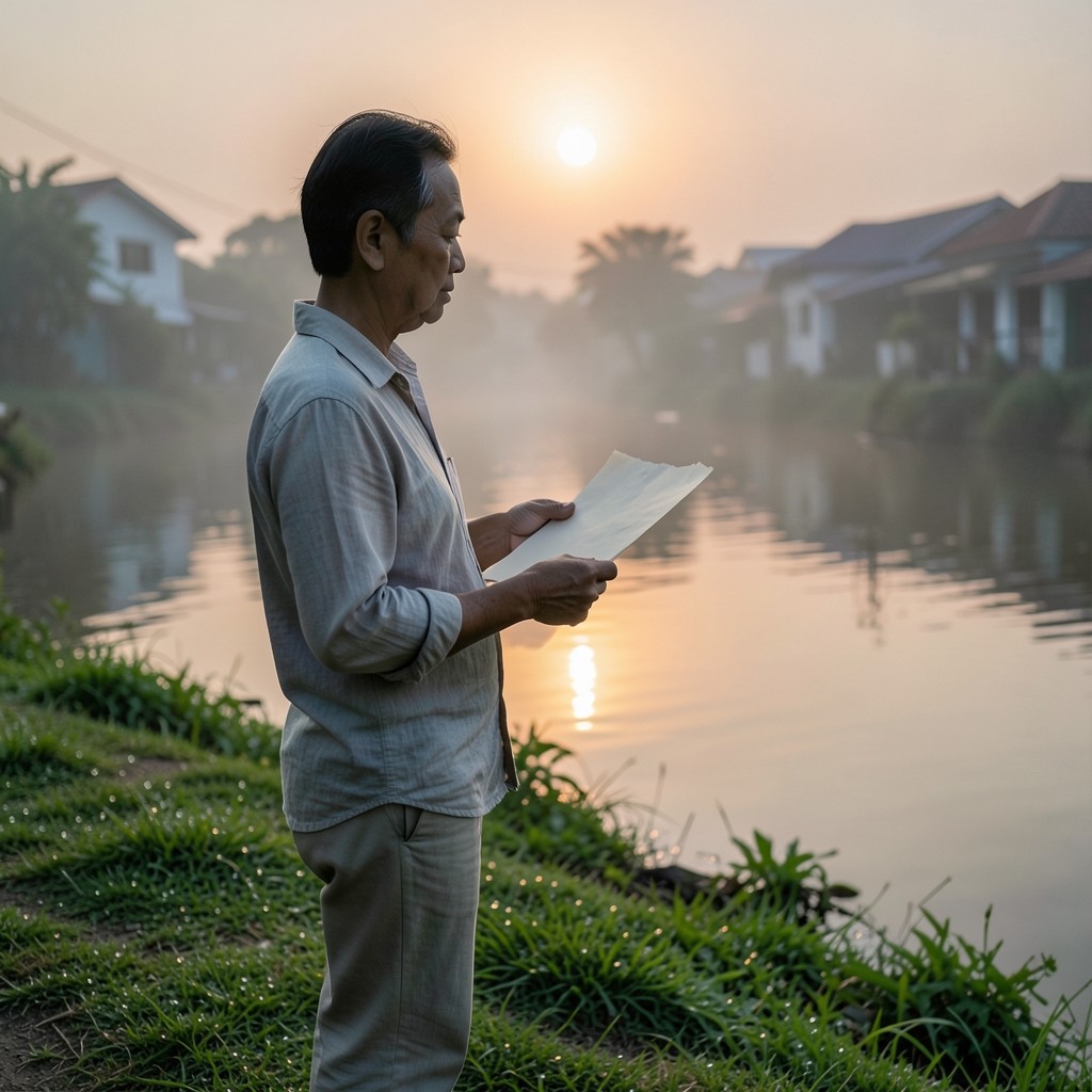 An adult with a paper tally standing beside a Bangkok canal in early light