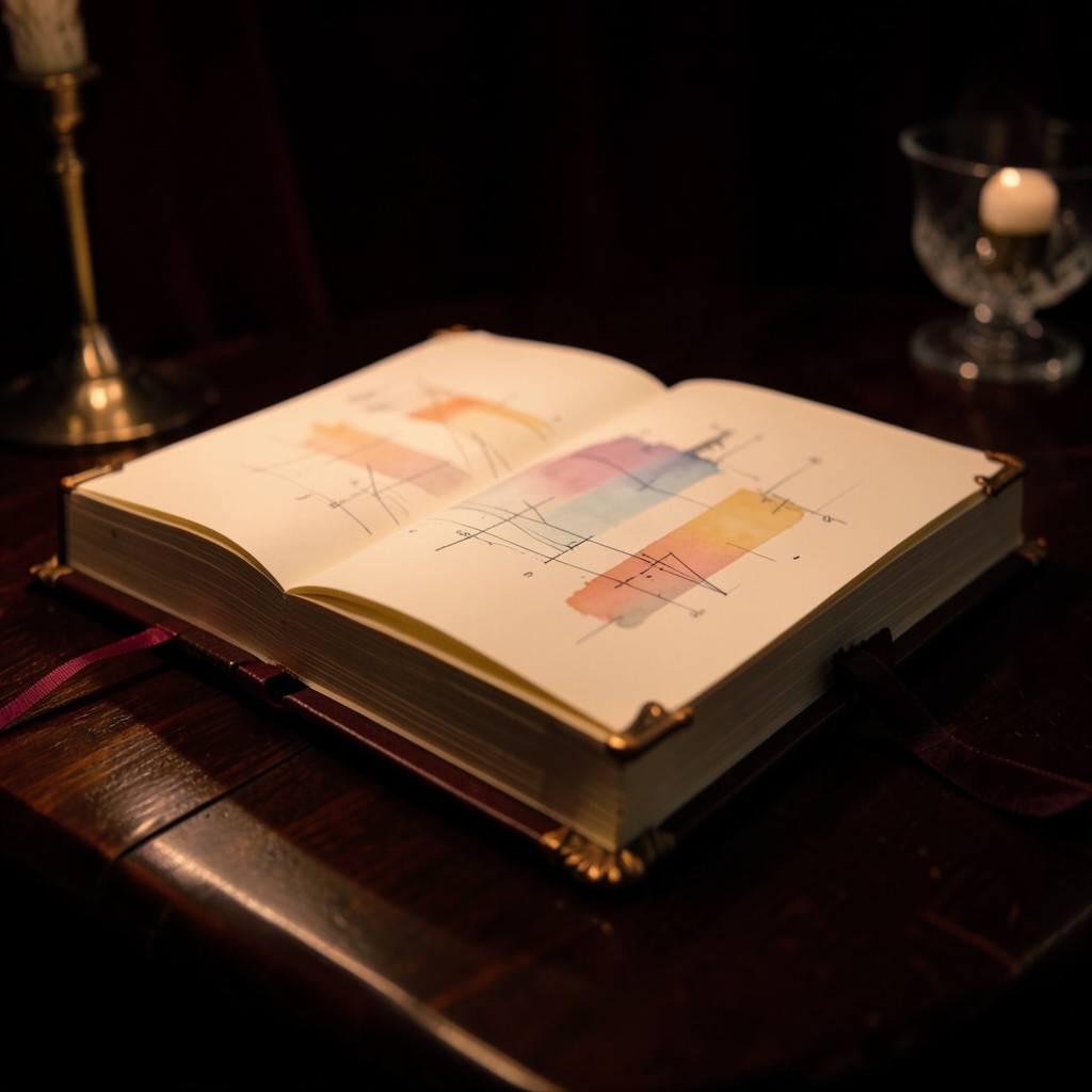 An open bound brief of abstract charts on a lacquered table beside copper corner pieces