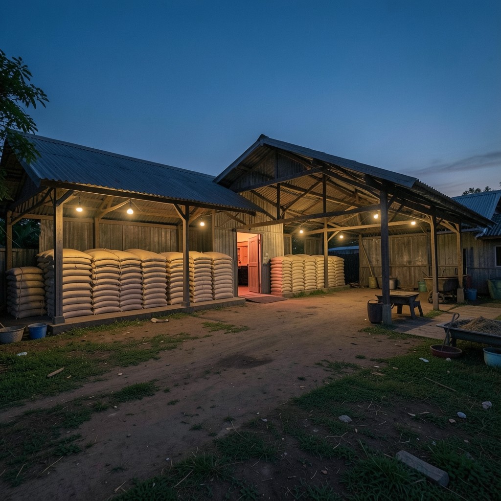 A family rice mill compound in Min Buri with a drying hall and warm lamps